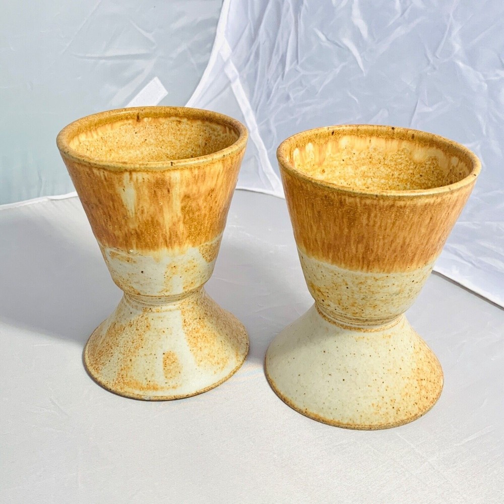 STUDIO ART POTTERY MINIMALIST DESIGN WINE GOBLETS  - Gold/Tan Glaze - Se…